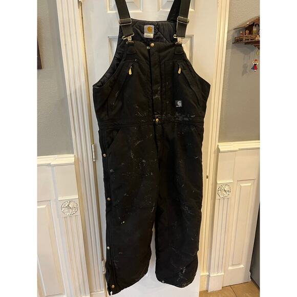 Carhartt R33 BLK Insulated Bib Overalls Men 38x28 Black Barn Chore Cowboy Flaws - Picture 1 of 12